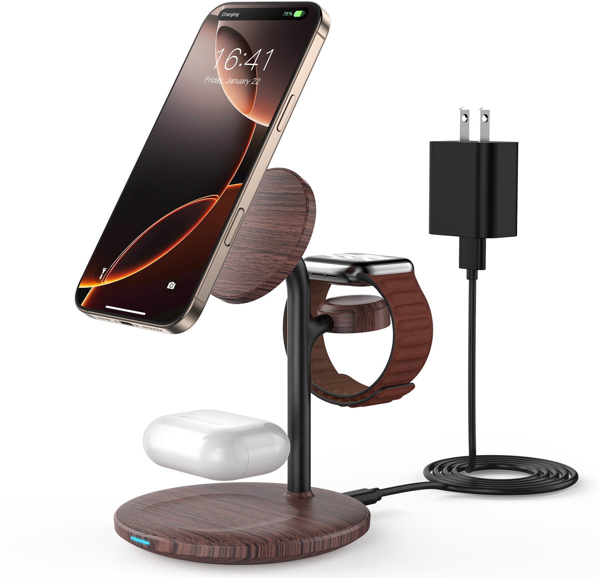Sander Shop Mag-Safe 3-in-1 inductief laadstation voor meerdere apparaten, 15 W snel Mag-Safe laadstation voor iPhone 15 14, Mag-Safe oplader voor iWatch Ultra 2/1/Series 9/8, AirPods, bruin