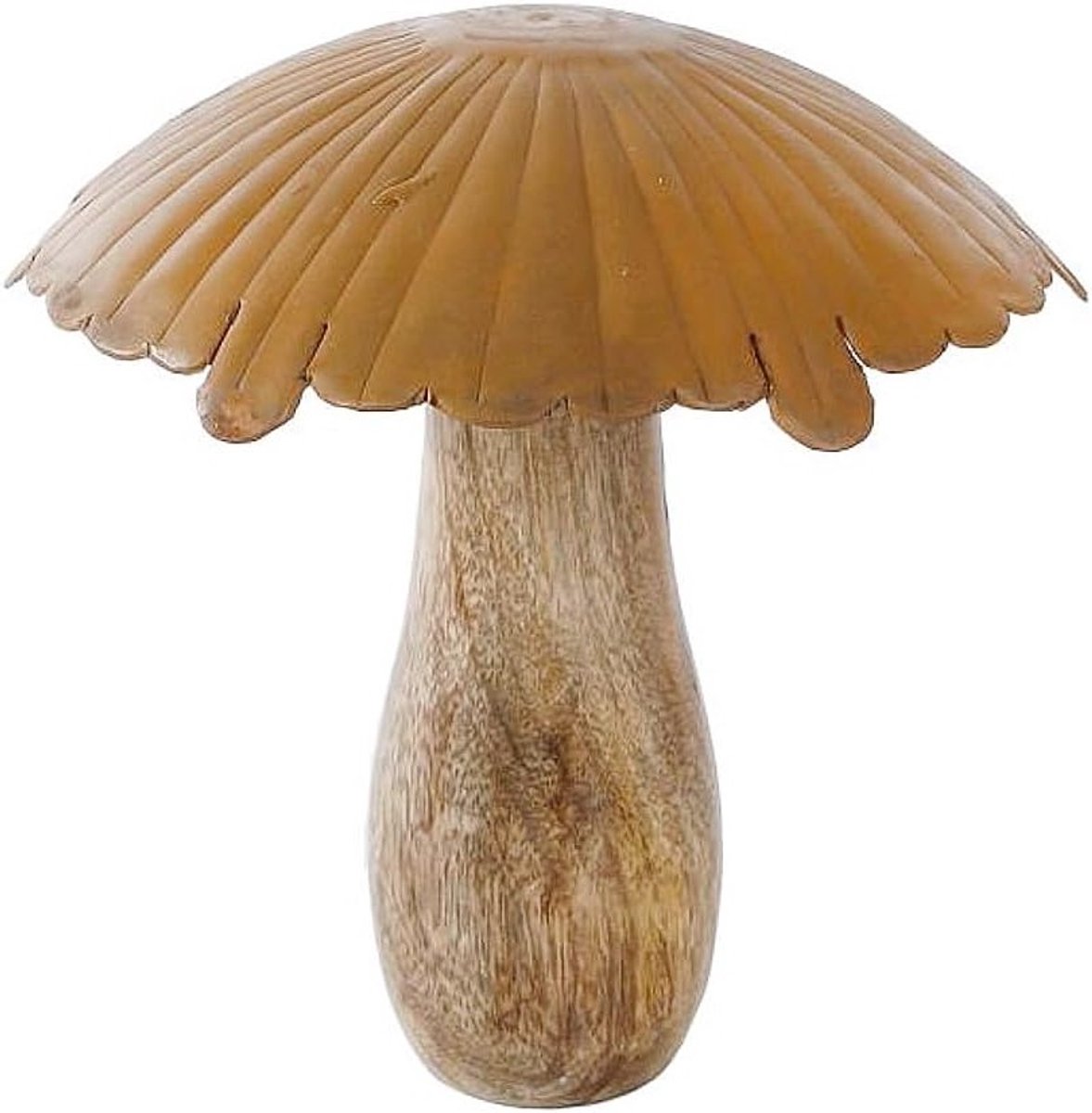Decoratieve Paddenstoel Sculptuur van Mango Hout en Metaal - 17 cm Beige Rustiek - Herfstdecoratie en Natuurlijke Interieuraccessoire