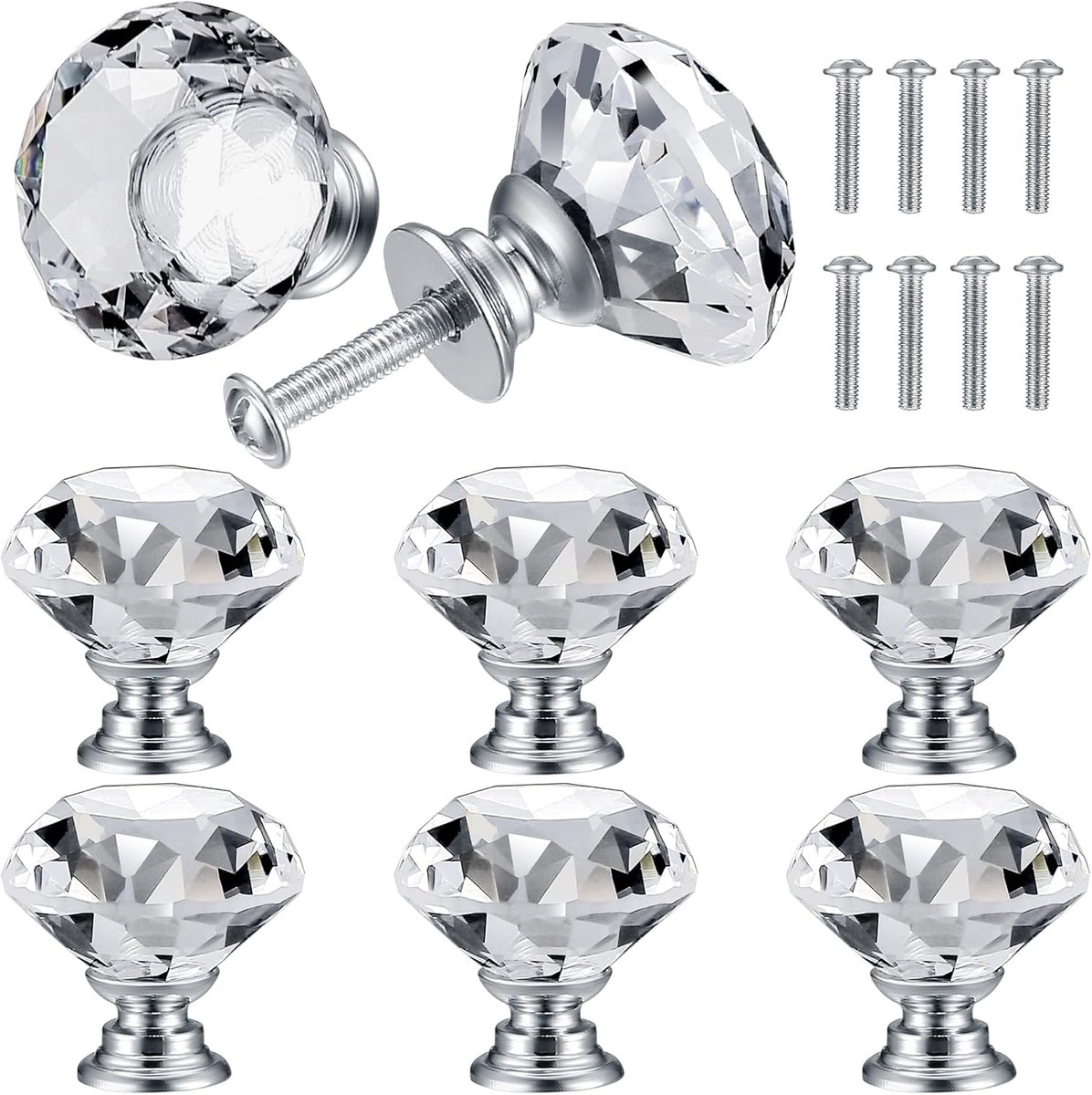 Meubelknoppen Set - Kristal Handgrepen Ladegrepen - 8 Stuks 30 mm - Robuust Legering Diamant Design - Voor Kast Deur Kantoormeubilair - Helder Transparant