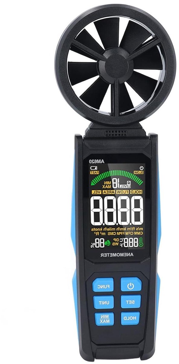 Digitale Anemometer - Windsnelheidmeter Luchtsnelheidsmeter - Buitenactiviteiten Meten - 180° Roterende Ventilator - LCD Achtergrondverlichting - Grijs