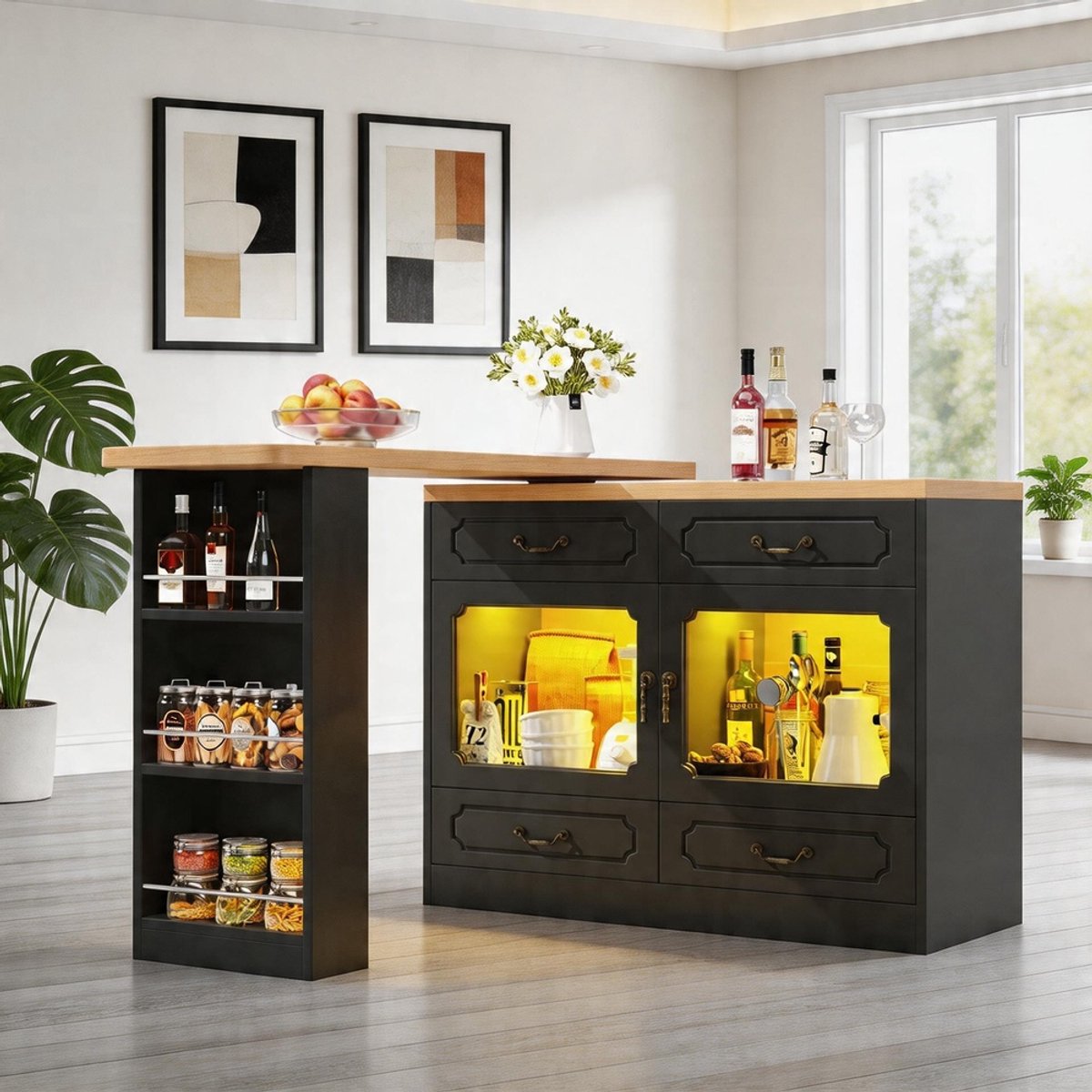 KOMHTOM - Uitschuifbare bartafel met opbergruimte - 360° draaibaar - Telescopisch - LED-verlichting - Hoge keukeneilandtafel - 135-203x39x92,8 cm - Zwart