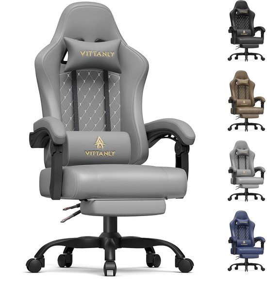 Vittanly - Game Stoel - Gaming Stoel - Gaming Stoel - Ergonomische Bureaustoel - Gamestoel - Verstelbaar - Gaming Chair - Inclusief voetensteun - Grijs