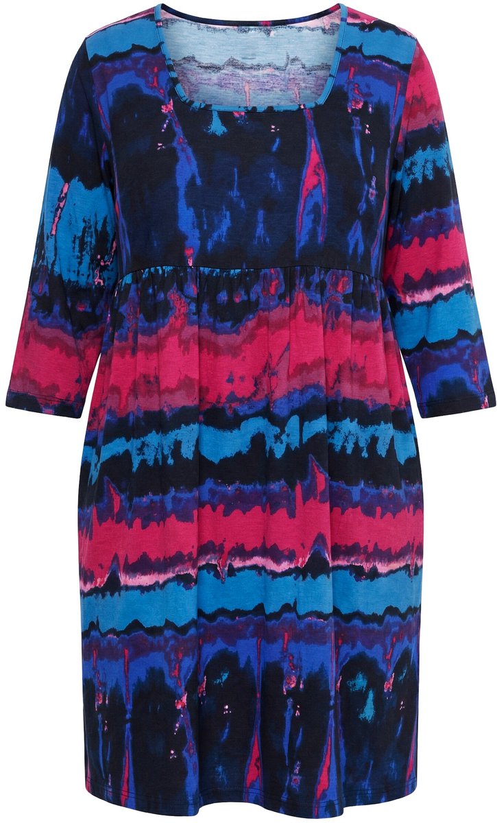Ulla Popken Dames - Jersey jurk batikpatroon A-lijn carréhals 3/4-mouwen - Inktblauw - Maat 54+