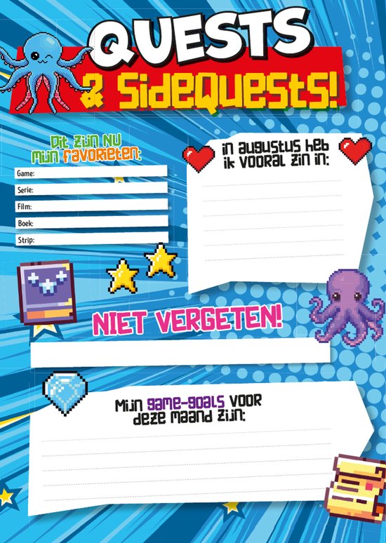 Poster met ruimte thema, een octopus, een boek en tekst over game-doelen en favorieten.