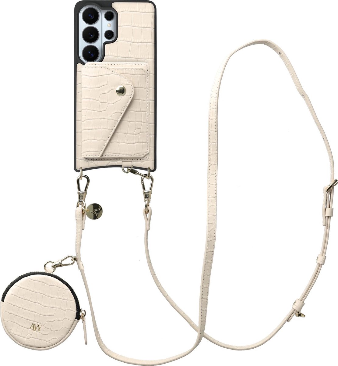 AVY Leren Hoesje geschikt voor Samsung Galaxy S26 Ultra | Met Koord, Wallet en Pouch | Compatibel met MagSafe | Leather Case met 130CM Koord | Long Leather | Croco Beige
