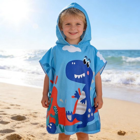Kinder Badponcho - Dino Design - Na het zwemmen - Zachte microvezel - 60 x 120 cm - Blauw — afbeelding 4
