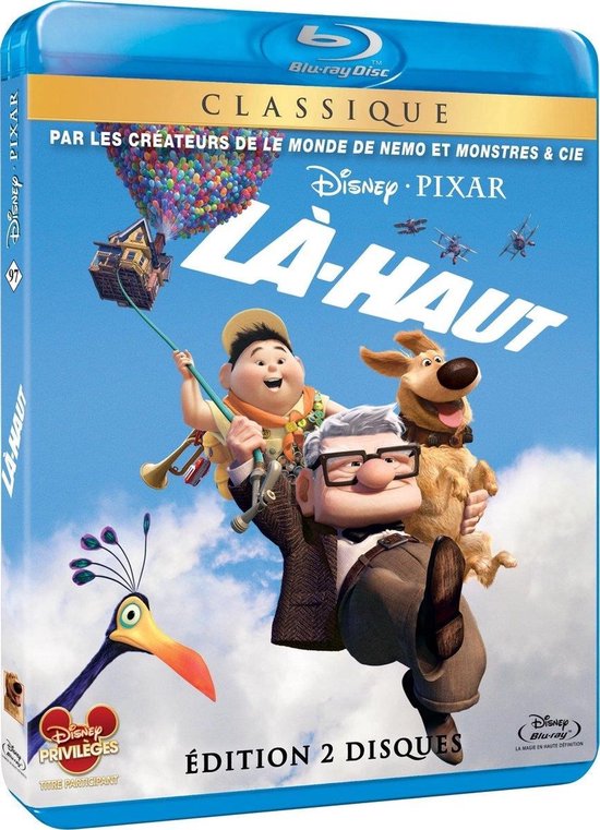 Blu-ray hoes van 'La-Haut' met een oude man, een jongen en een hond op een grote vogel.