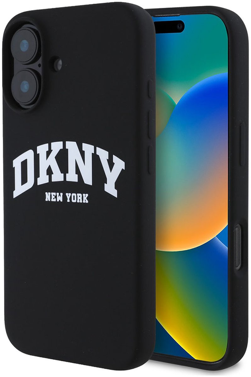 DKNY iPhone 16 Backcover hoesje Magsafe - Liquid Silicone - White Arch Logo - Zwart