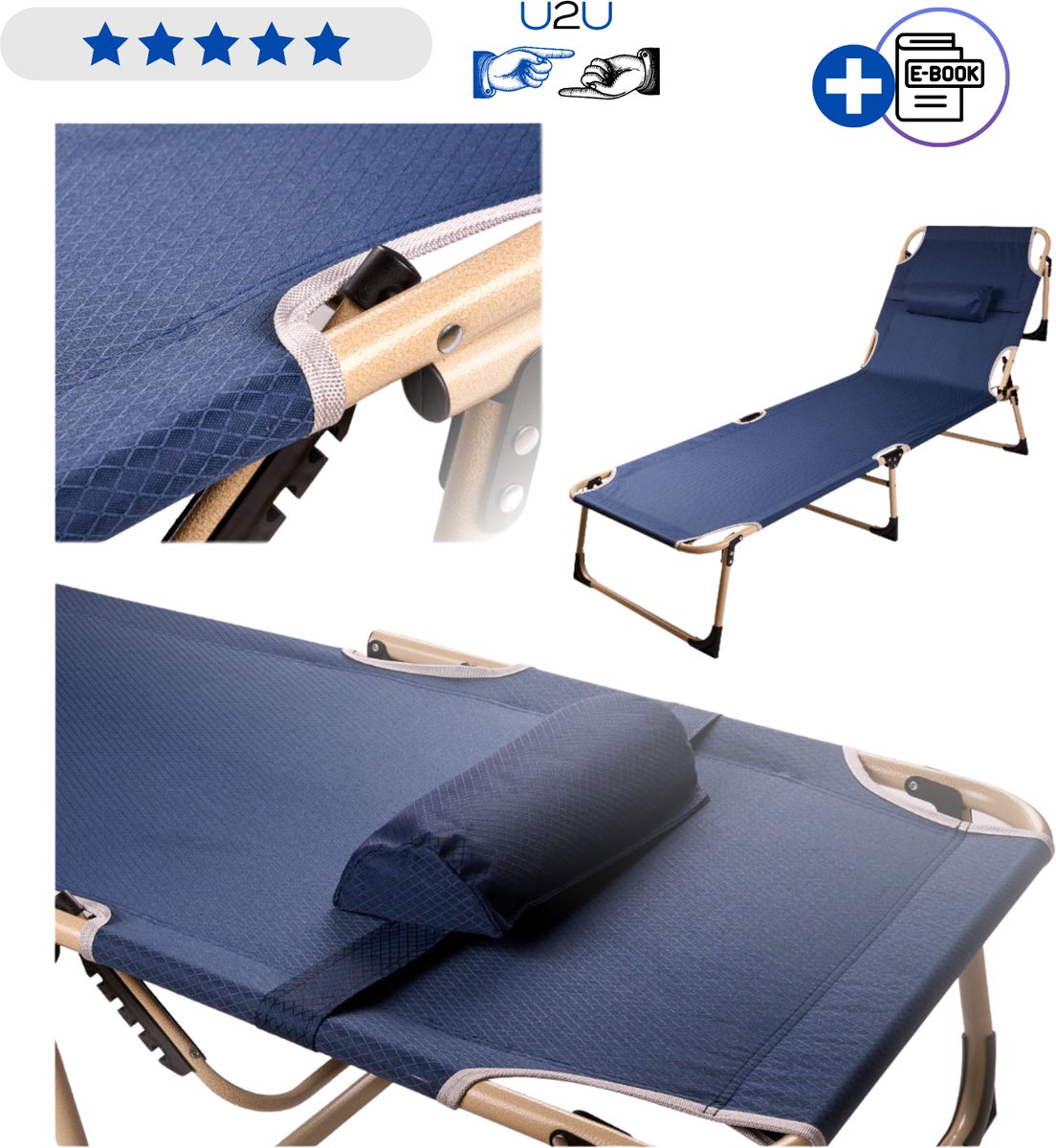 Opvouwbaar Campingbed met Verstelbare Rugleuning - Inklapbaar Veldbed met Hoofdkussen - Camping Ligbed met Stalen Frame - Oxford Polyester Reisbed voor Camping Tuin Logeerkamer en Outdoor Gebruik - Belastbaar tot 120 kg - Compact Design Met Ebook