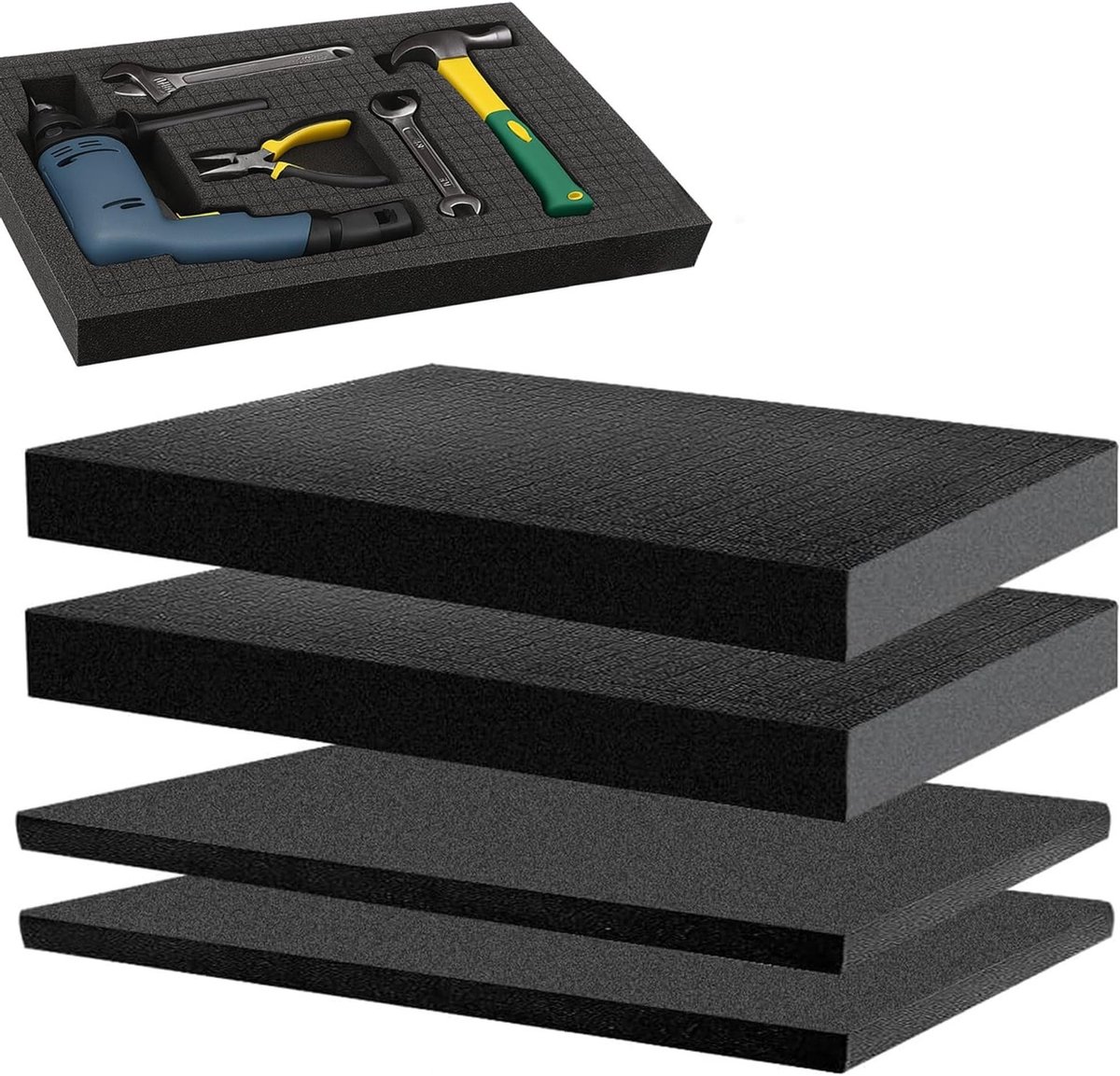 Set van 4 zwarte schuimblokken: 2 stuks 405 x 305 x 25 mm en 2 stuks 405 x 305 x 10 mm, ideaal voor bescherming van camera's, tablets en gereedschap.