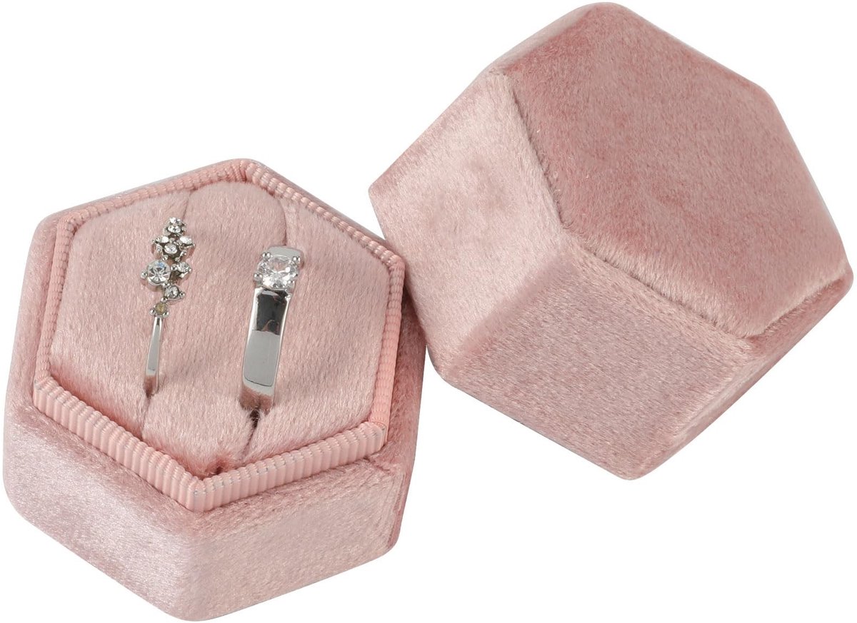 Dailygoods- Ringdoosje Bruiloft - Zeshoekige Ringdoos - Corduroy - Afneembaar Deksel - 5,3x4,7x5,1 cm - Elegante Sieradenbox
