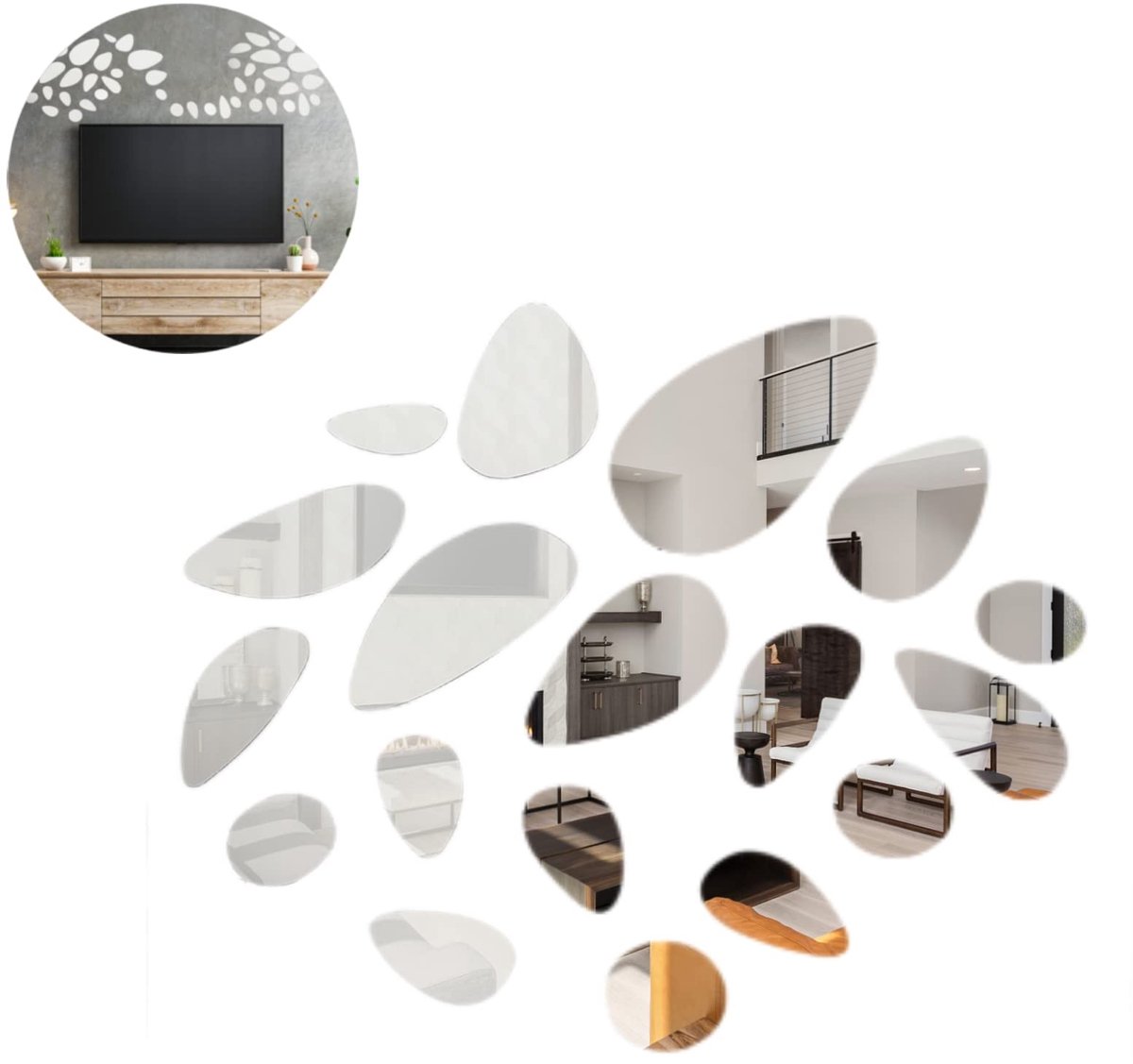 Dailygoods- Spiegel Ovaal 18 Stuks - Muurstickers - Acryl - Zelfklevend - Decoratie - 44x30cm - Muursticker