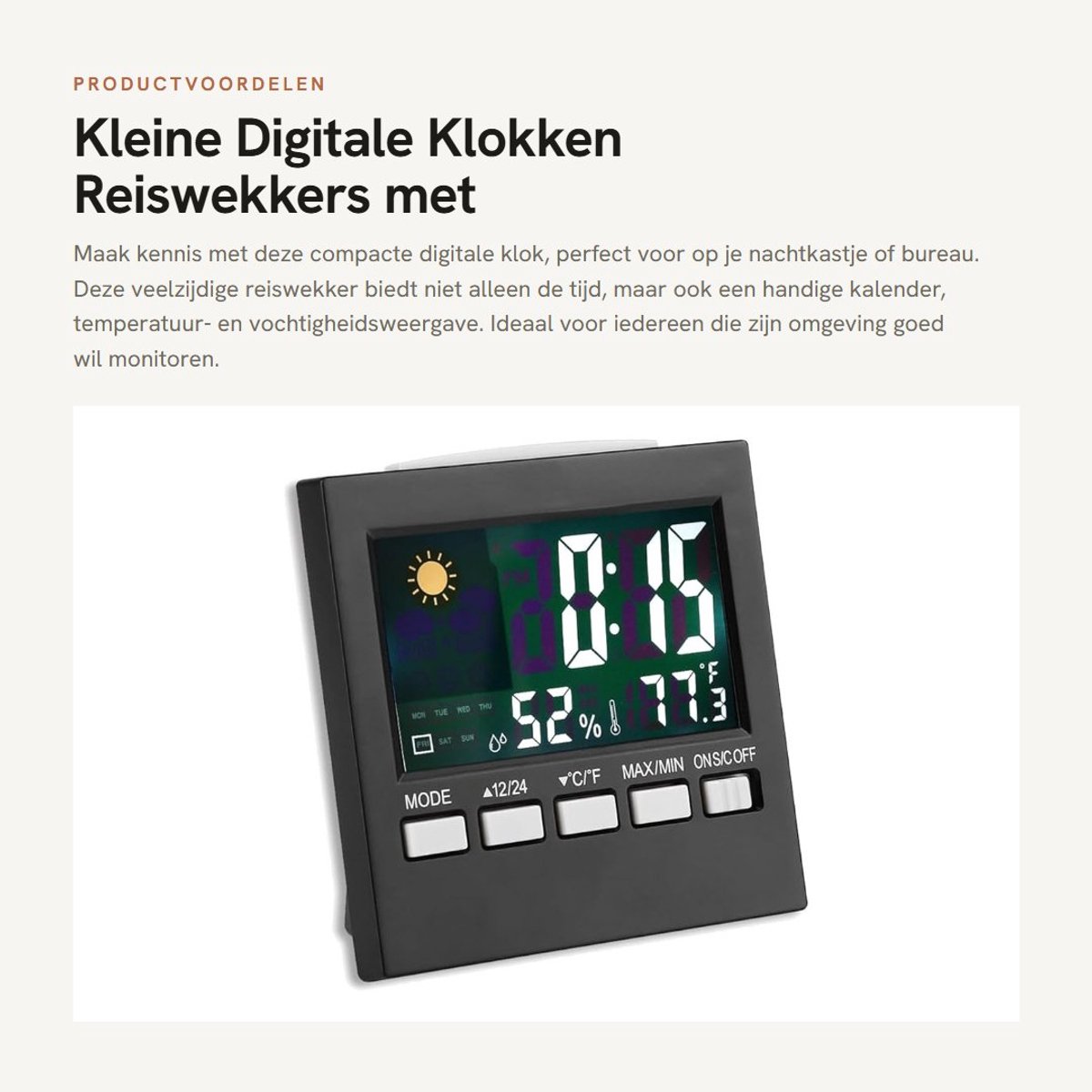 Dailygoods- Reiswekker Digitale Thermometer - LCD Achtergrondverlichting - Vochtigheid/Temperatuur Weerdisplay - Batterijgevoed - Compact - Nauwkeurigheid +/- 1% - Wekker