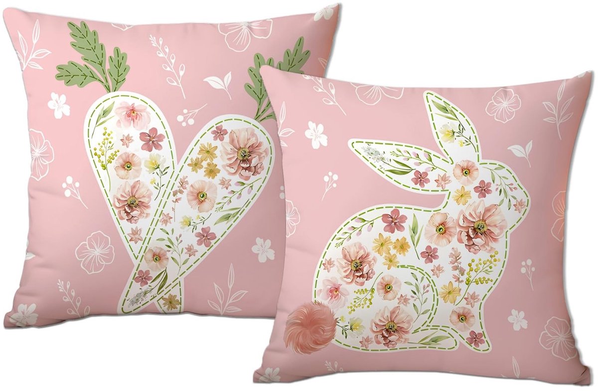 Dailygoods- Kussenslopen Set van 2 - 45 x 45 cm - Roze - Pluche - Pasen - Decoratie met ko