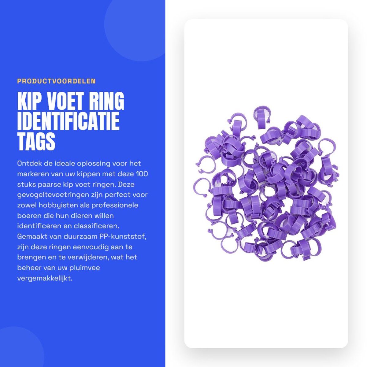 Dailygoods- Kippenpootring 100 Stuks - Gevogelte Voetringen - Identificatie Tags - Plastic Ringen - PP-Kunststof - Geschikt voor Kippen/Eenden/Ganzen - Pluimveevoetringen