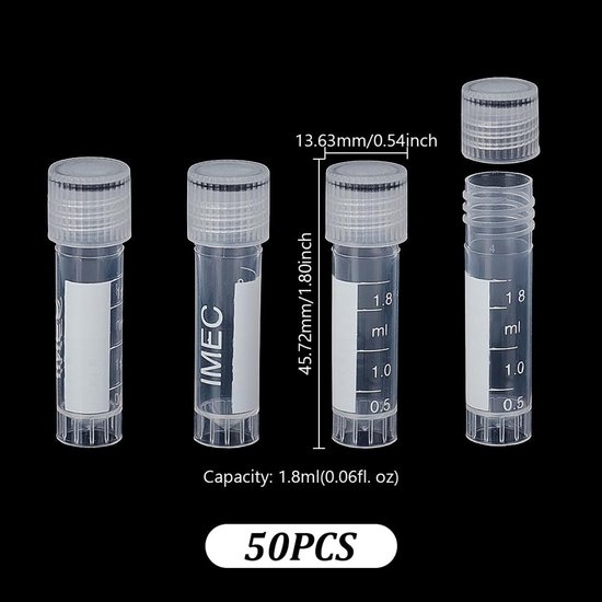Dailygoods- Monstercontainers 50 stuks - 1,8 ml doorzichtige buis - Zelfstaande plastic flacon - Voor opslag - Wetenschappelijke experimenten - Compact formaat - Reagentbuis van Dailygoods — afbeelding 3