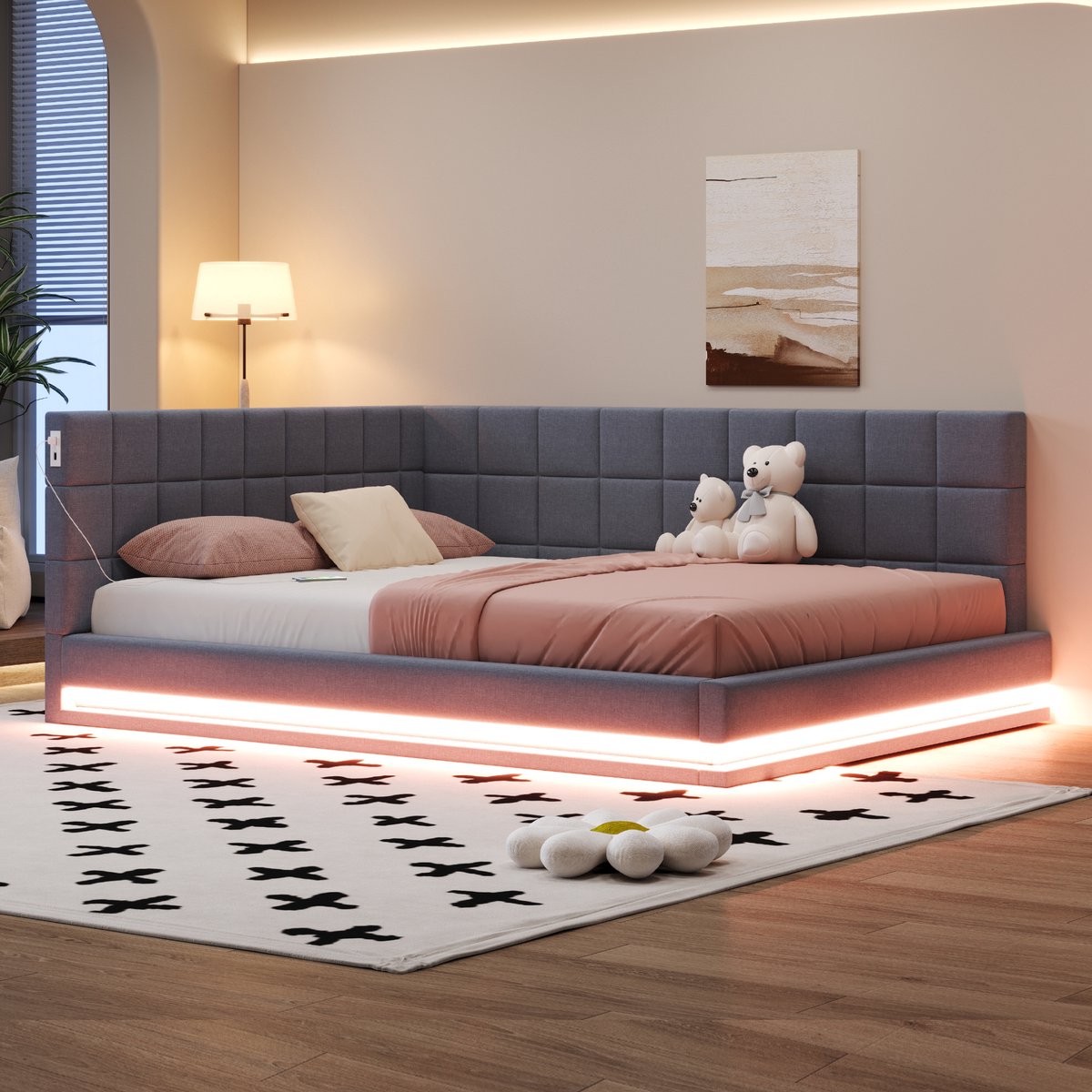DESMIU Gestoffeerde Slaapbank 160 x 200 cm – Bed En Sofa Met Led Lichtstrip En Usb Aansluiting – Opbergruimte Voor Woonkamer – Linnenstijl – Grijs Zonder Matras