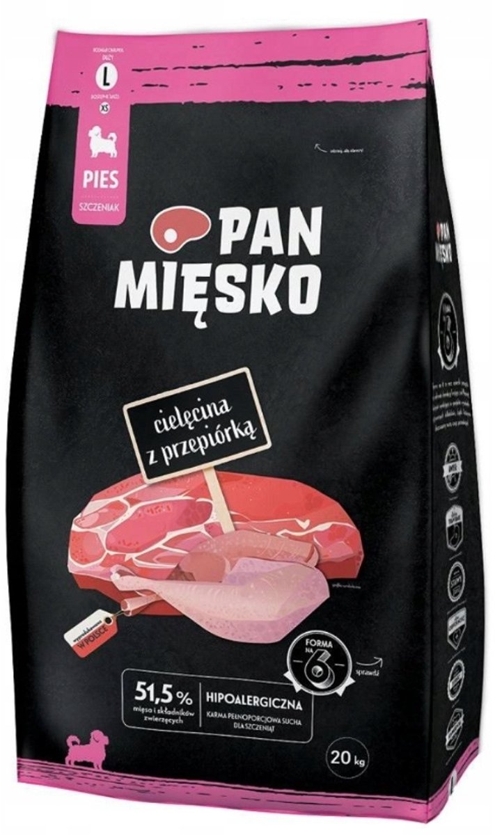 PAN MIĘSKO Pan Mięsko Serie - Droge Hondenvoer - Kalfsvlees en Kwartel - 20kg - Hipoallergeen