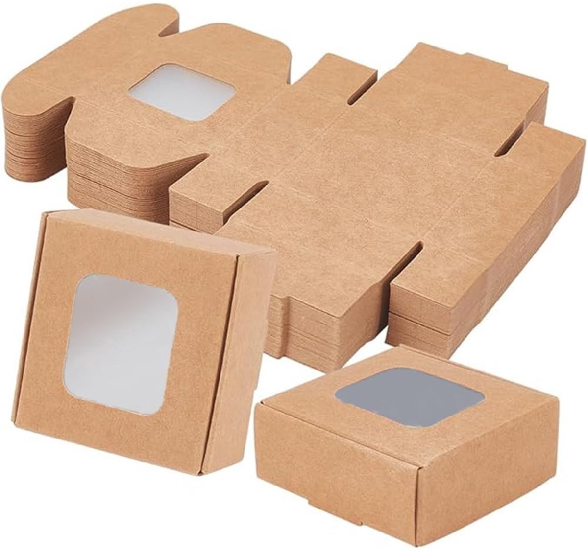 Dailygoods- Cadeaudoos 48 stuks - Kraftpapier - Opvouwbaar - Transparant venster - Geschenkdoos - Snoepdoos - 5,5 x 5,5 x 2,5 cm - Verpakkingsdozen