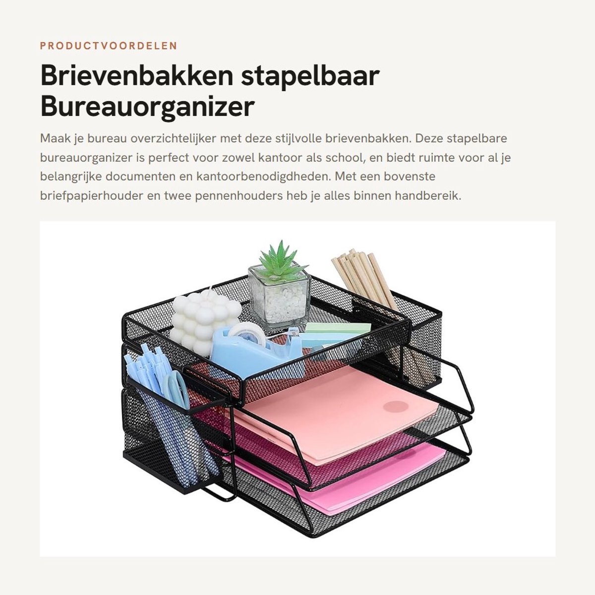 Dailygoods- Brievenbakken stapelbaar - 2-laags bureau organizer - Metalen lade - Pennenhouder - Papierlade voor kantoorbenodigdheden - Zwart