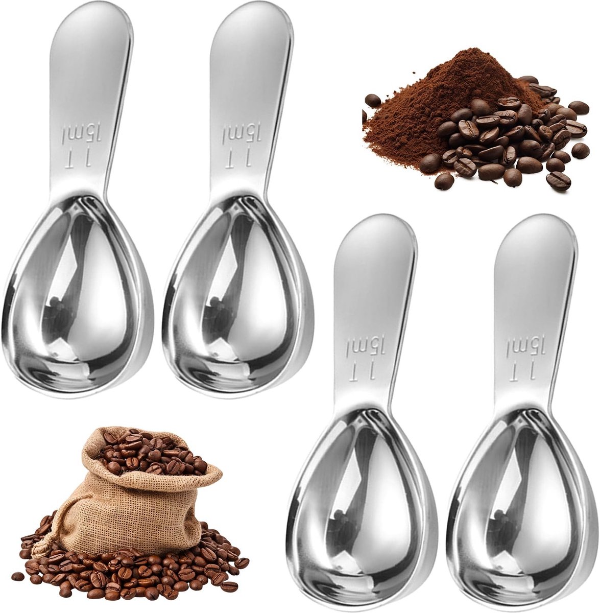 Dailygoods- Koffielepels 15 ml - 4 Stuks - Roestvrij Staal - Ergonomische Greep - Koffiedoseerder - Zilverkleurig - Maatlepel