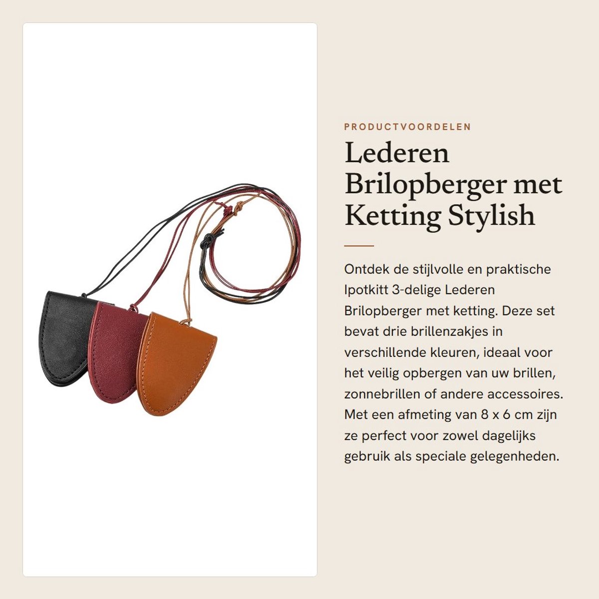 Dailygoods- Brilopberger 3 Stuks - Leer - Handige Ketting - Zonnebril/Bril Opbergzak - Stijlvol - Duurzaam Materiaal - Brilhoes