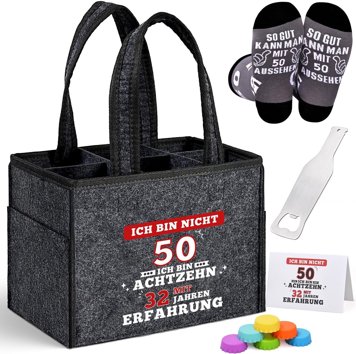 Dailygoods- Flessentas voor 6 flessen - Grijs - Flessendeksels - Flesopener - Verlengde handgrepen - Kwalitatief hoogwaardige woonaccessoires - Biertas