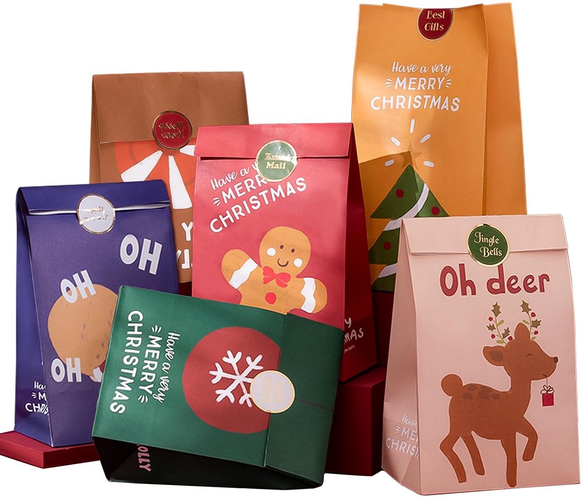 Dailygoods- Kerstzakjes 24 stuks - Papieren Zakjes 15 x 27 cm - Cadeauzakjes - Verzegelingsstickers - Duurzaam Papier - Kraftpapier