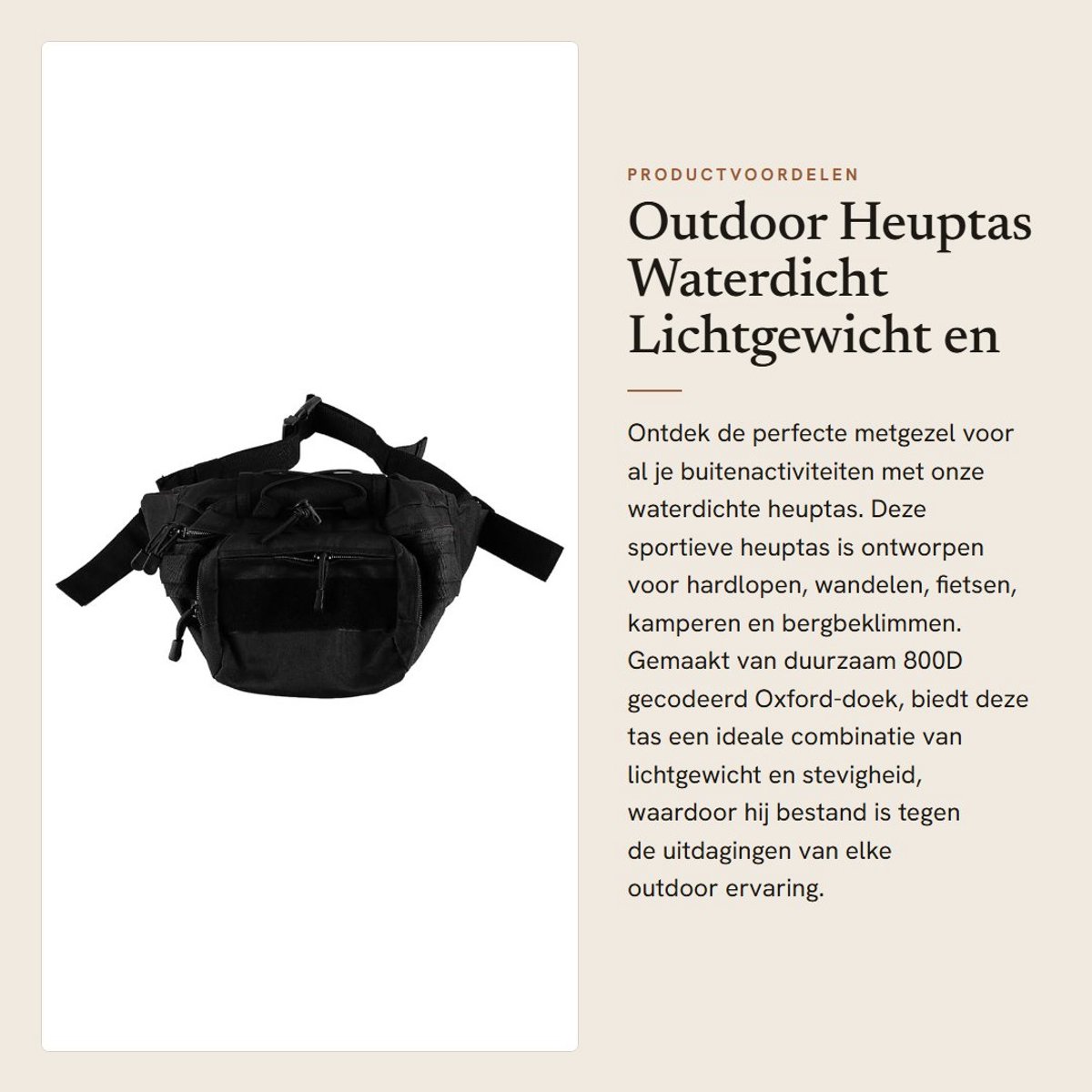 Dailygoods- Heuptas Waterdicht - Lichtgewicht Heuptasje - Verstelbare Schouderbanden - Gemaakt van 800D Oxford-doek - Geschikt voor Wandelen/Fietsen - Twee Ritszakken