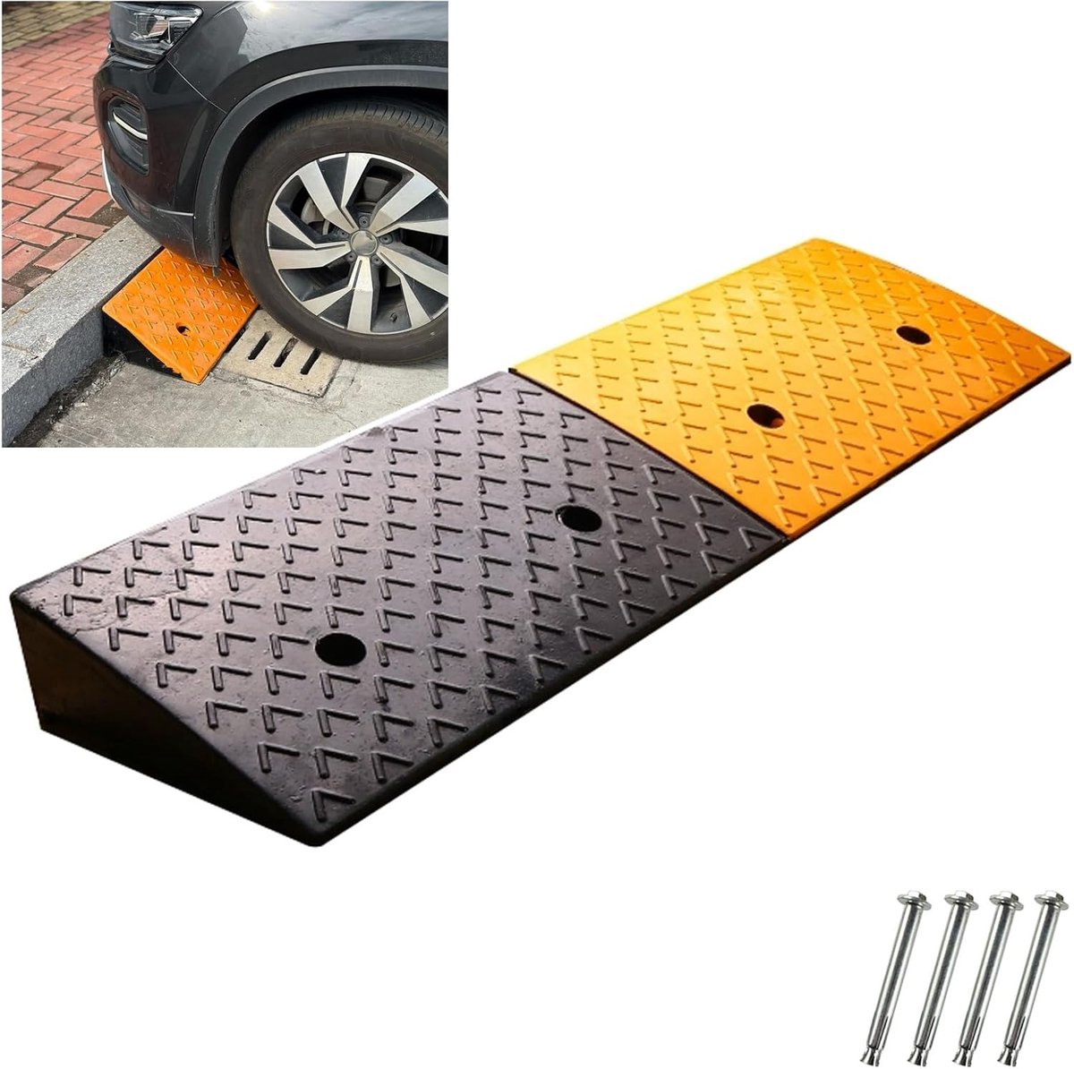 Rubberen Drempelhelling - Stoeprand Oprit - Veilig Overbruggen - Zware Rubber Materiaal - 100 cm Lang - Zwart Geel