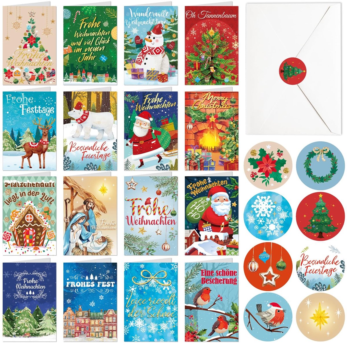 Dailygoods- Kerstkaarten Set - 16 Vrolijke Wenskaarten - Blanco met Envelop - Vouwkaarten - Kerstkribbe - Envelopstickers