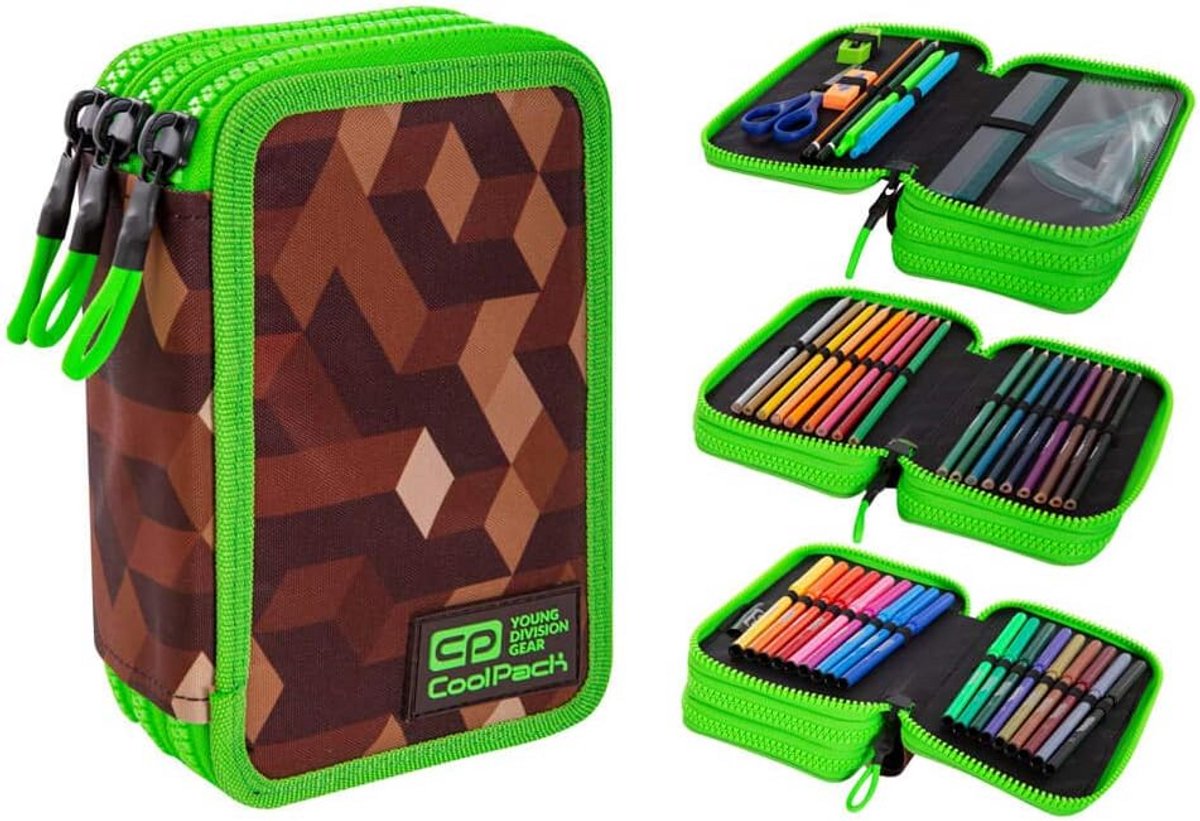 Pennenetui - Etui met inhoud - Schoolspullen organiseren - Drie ruime vakken - 20 x 12.5 x 6 cm - Blok