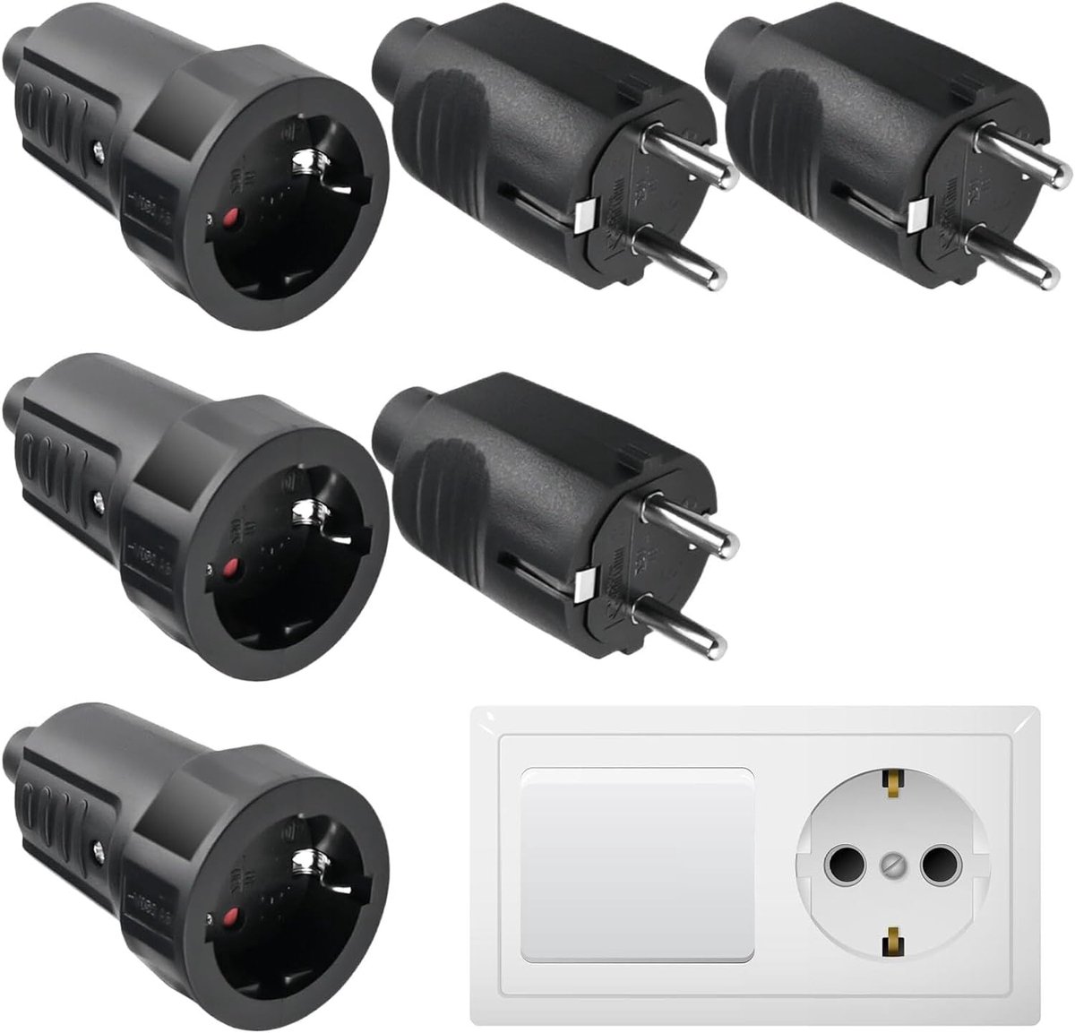 Stekkerkoppeling Set - Geaarde Koppeling - Stroom Aansluiten - IP44 Waterdicht - 3 Stuks - Zwart