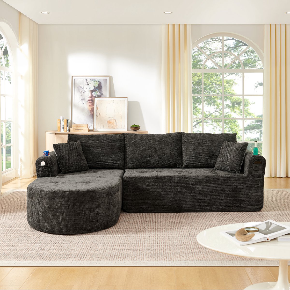 MODENUIT Hoekbank - L-Vorm Cloud Sofa - Met Bekerhouders & Zijvakken - Voor Woonkamer En Lounge - Linnen Zwart