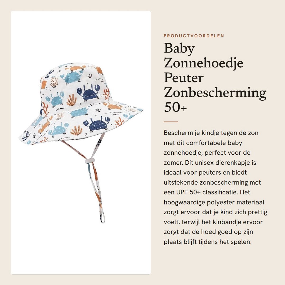 Dailygoods- Zonnehoedje UPF 50+ - Baby Zonnehoed - Dierenkapje - Unisex - Zomer - Verstelbare Hoofdband - Lichtgewicht Polyester