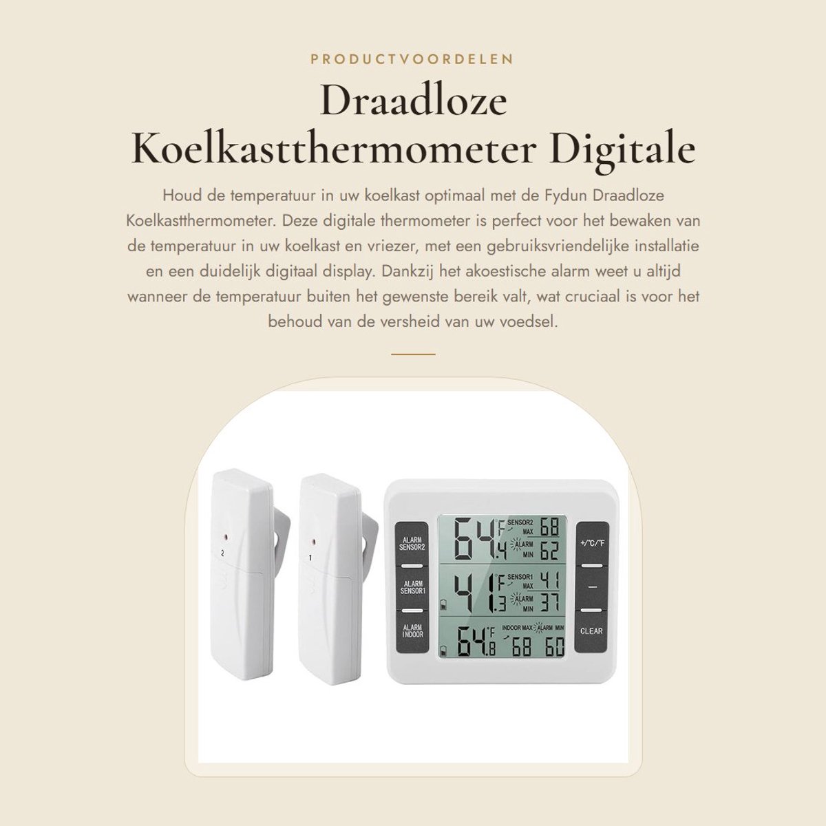 Dailygoods - Draadloze Koelkastthermometer - Digitale Temperatuurmeter met Alarm - Twee Sensoren - Nauwkeurige Metingen - Temperatuurweergave - Ideaal...