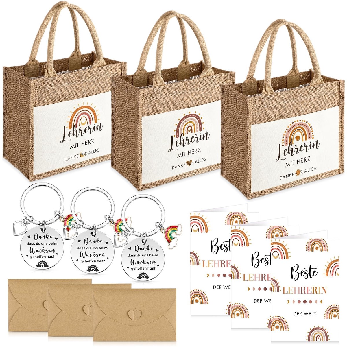 Dailygoods- Jute Tas - Boheemse Regenboog - Sleutelhanger - Wenskaarten - Cadeau voor Leraren - Kraftpapieren Envelop met Hartsluiting - Cadeauset