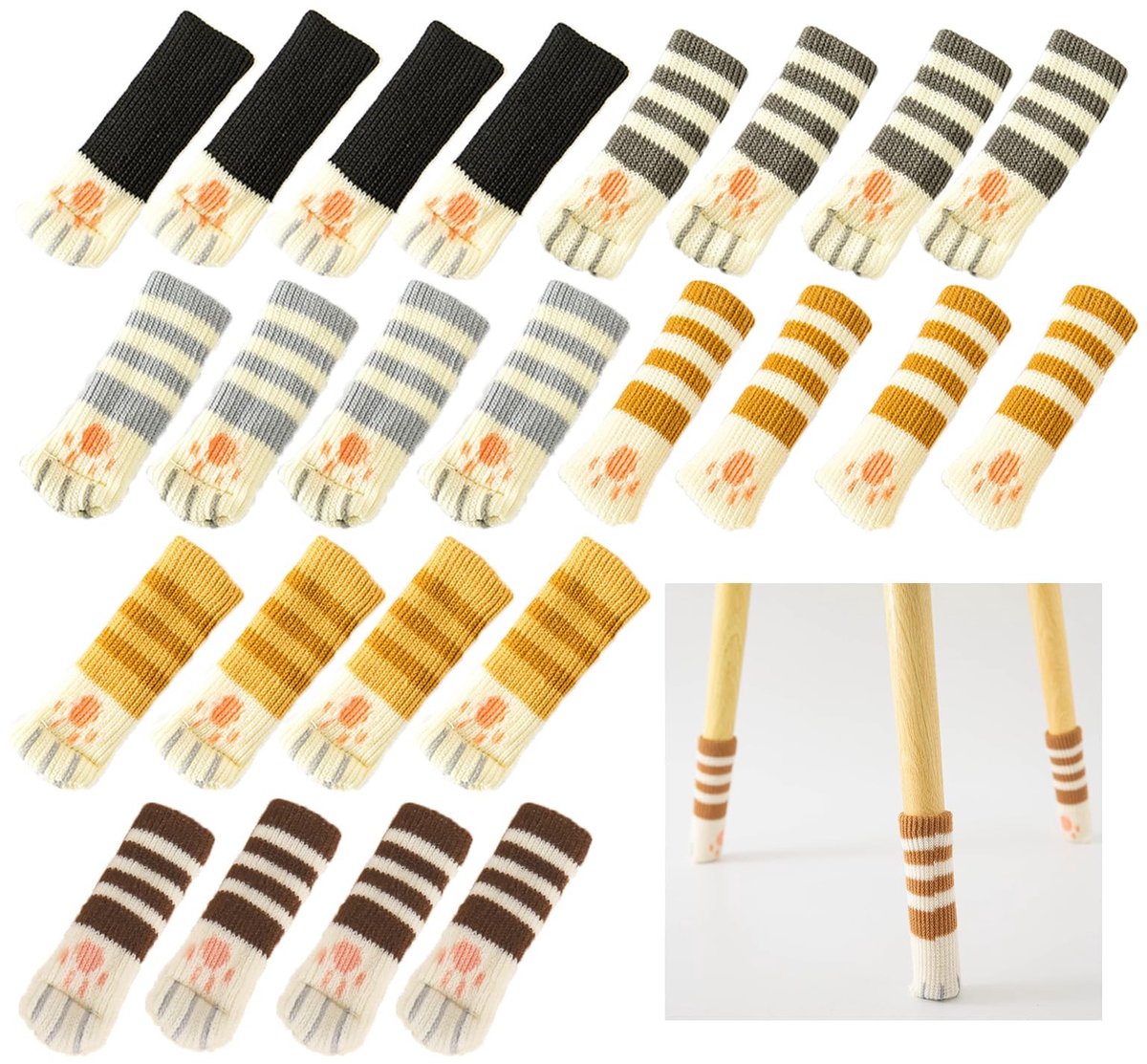 Dailygoods- Stoelpoothoezen 24 Stuks - Gebreide Stoelsokken - Antilawaai Vloerbeschermers - Schattige Kattenpoten - 6 Stijlen - Uniek Uiterlijk - Meubelbeschermers