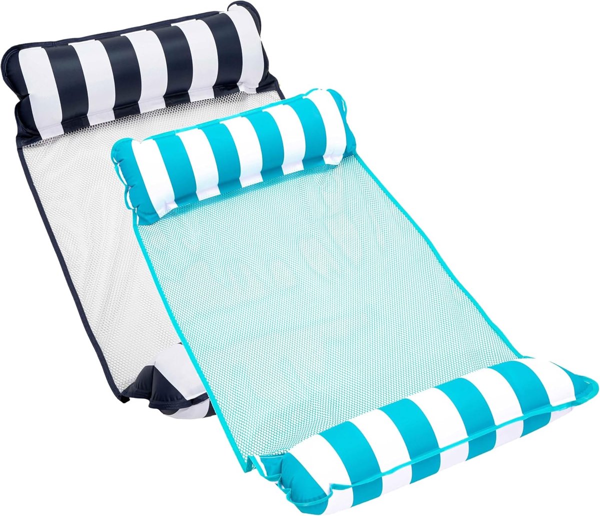 Opblaasbare Hangmat - Zwembad Lounger - Ontspannen in Water - Extra Dik PVC - 2 Stuks - Blauw Gestreept