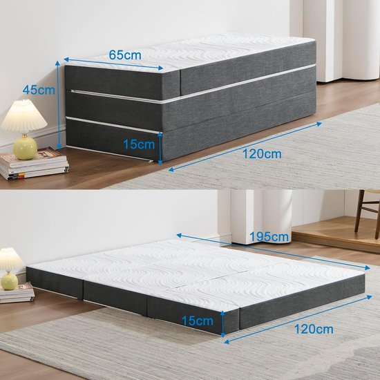 Vouwbaar Gastmatras 120 x 195 x 15 cm - Wasbaar en Opvouwbaar, Perfect voor Kamperen en Logeren, Grijs van Unipetitgarden — afbeelding 3