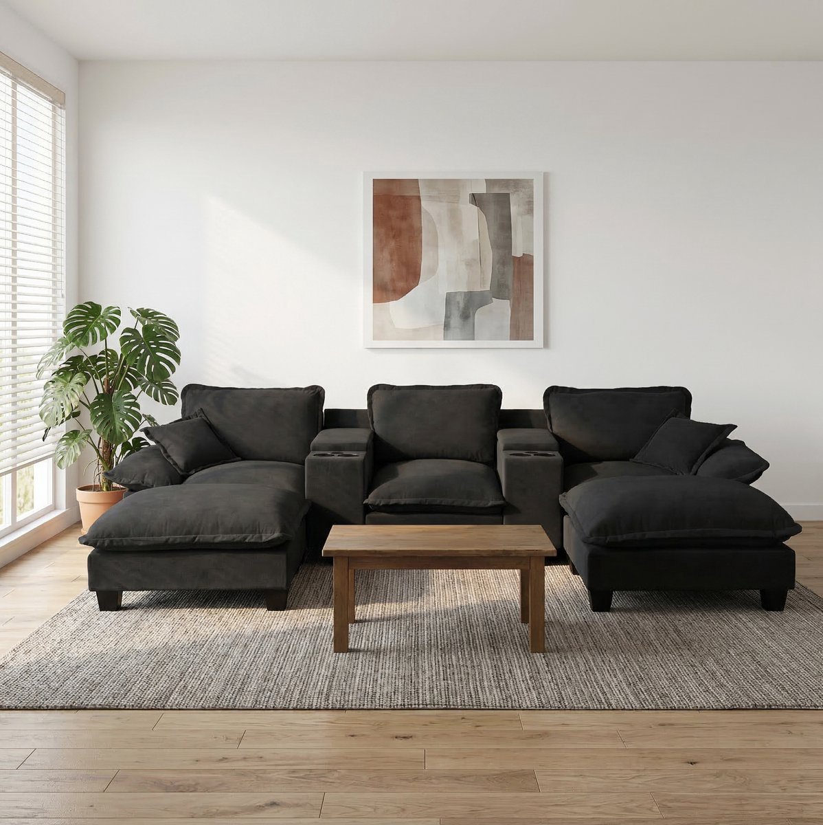 HAUSS SPOLE U-Bank - Modulaire Cloud Bank - Met Opbergruimte, Usb En Bekerhouders - Voor Woonkamer En Appartement - Chenille Zwart