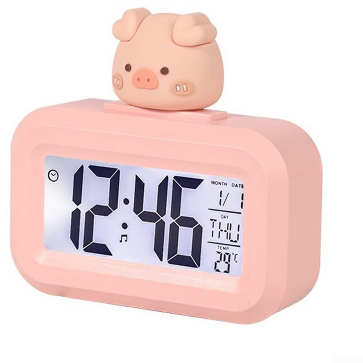 Dailygoods - Wekker met Cartoonthema - Temperatuurweergave - Schattig Varkentje - Roze - Meerdere Beltonen - Perfect voor Kinderkamers