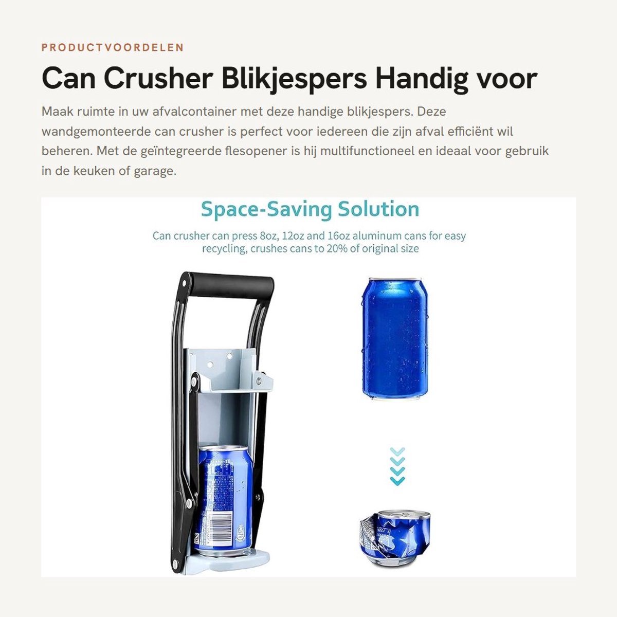 Dailygoods- Blikjespers Hoogwaardige Efficiëntie - Flessenpers tot 2,5 Liter - Wandbeugel - 11 x 8 x 30 cm - Geschikt voor Aluminium Blikjes - Handmatige Bediening - Blikjesopener