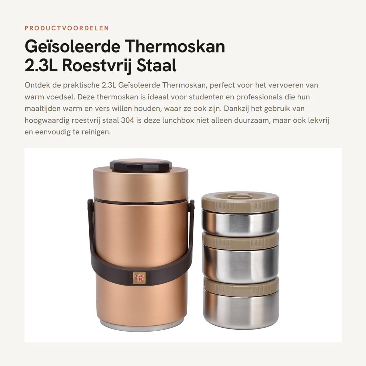 Dailygoods- Thermoskan 2,3 Liter - Isoleerkan - Roestvrij Staal 304 - Lekvrij - Stapelbaar - Inclusief 3 Voedselroosters - Lunchbox