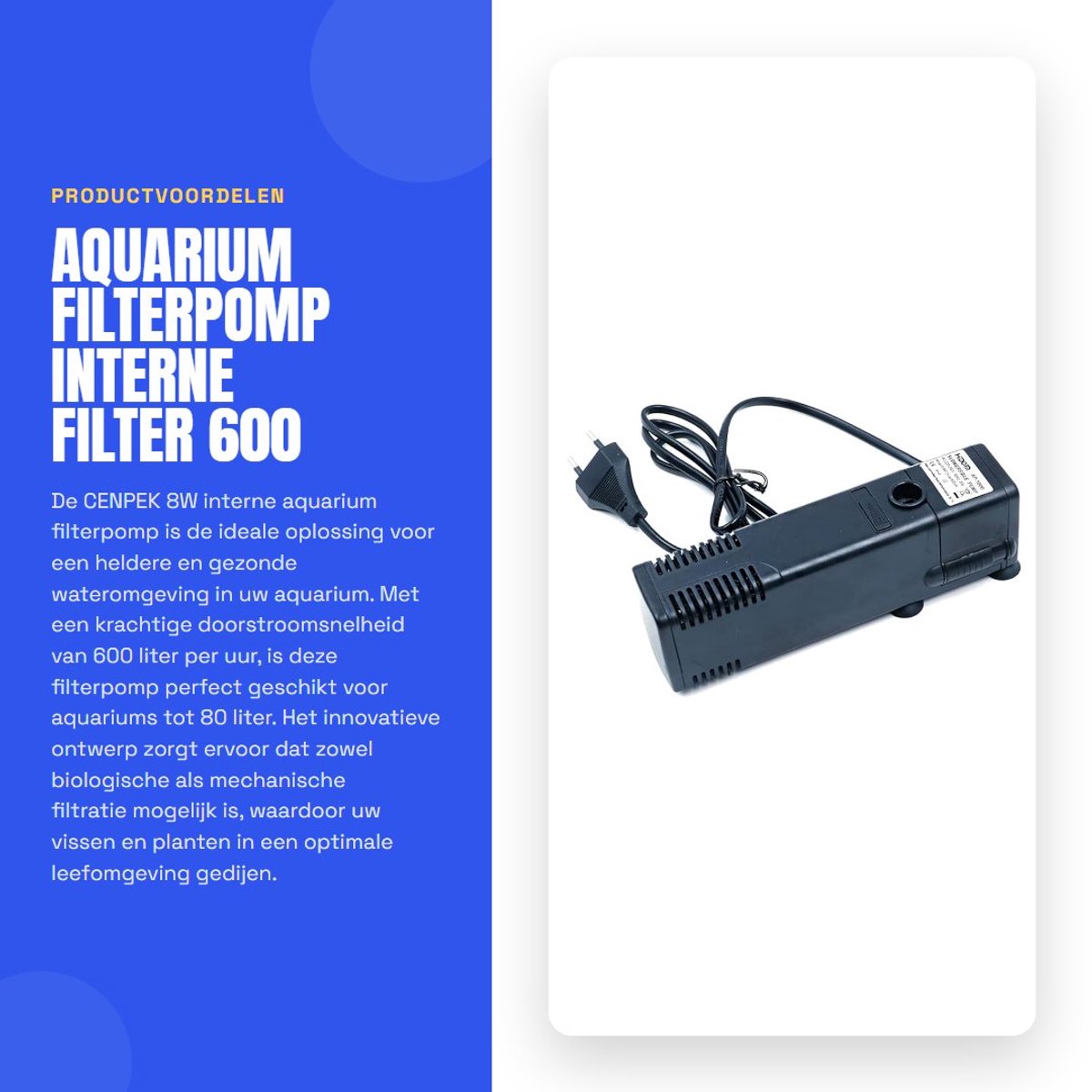 Dailygoods - Aquarium Filterpomp - Interne Filter - 600 LPH - Voor Aquariums tot 80L - Effectieve Filtratie - Ideaal voor Schoon Water - Model Compact
