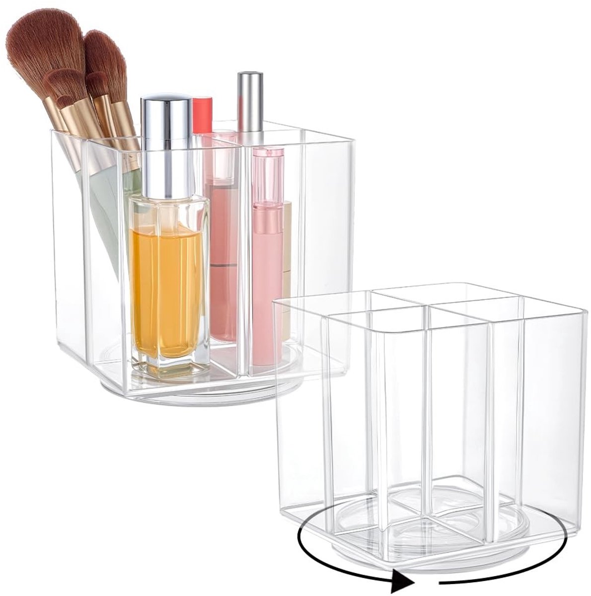 Dailygoods- Pennenhouder Draaibaar - 2 x Transparante Acryl - Opbergdoos met Vakken - Desk Organizer - Make-upkwasten - 11,5 x 11,5 x 12 cm
