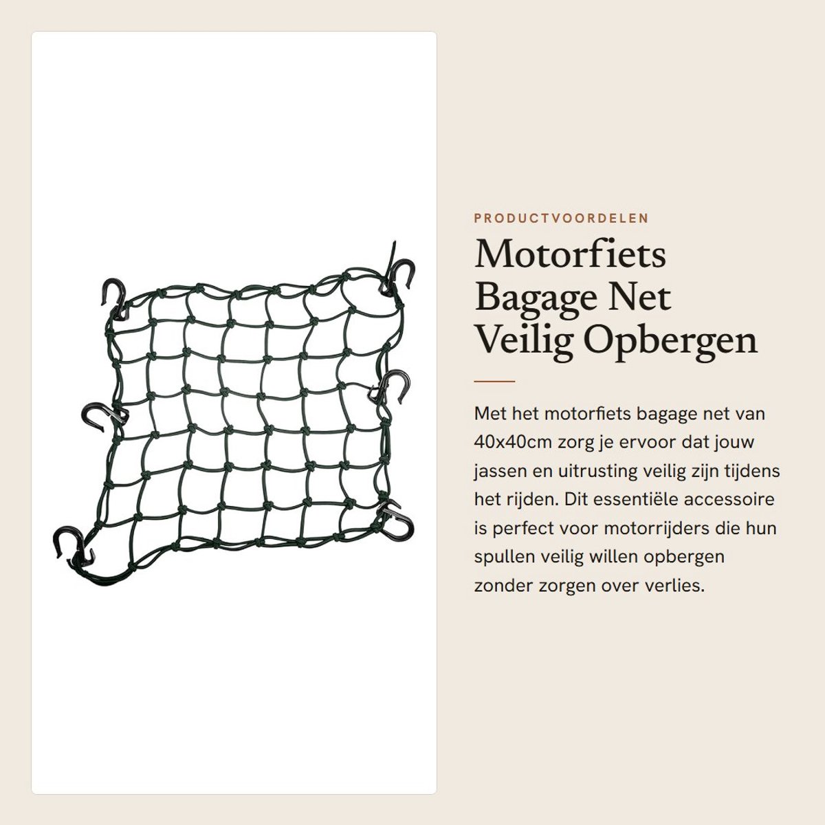 Dailygoods- Bagage Net 40x40cm - Motorfiets Net - Veilig Opbergen - 49 Gaten - Antislip Haken - Geschikt voor de meeste motorfietsen - Motorfietsnet