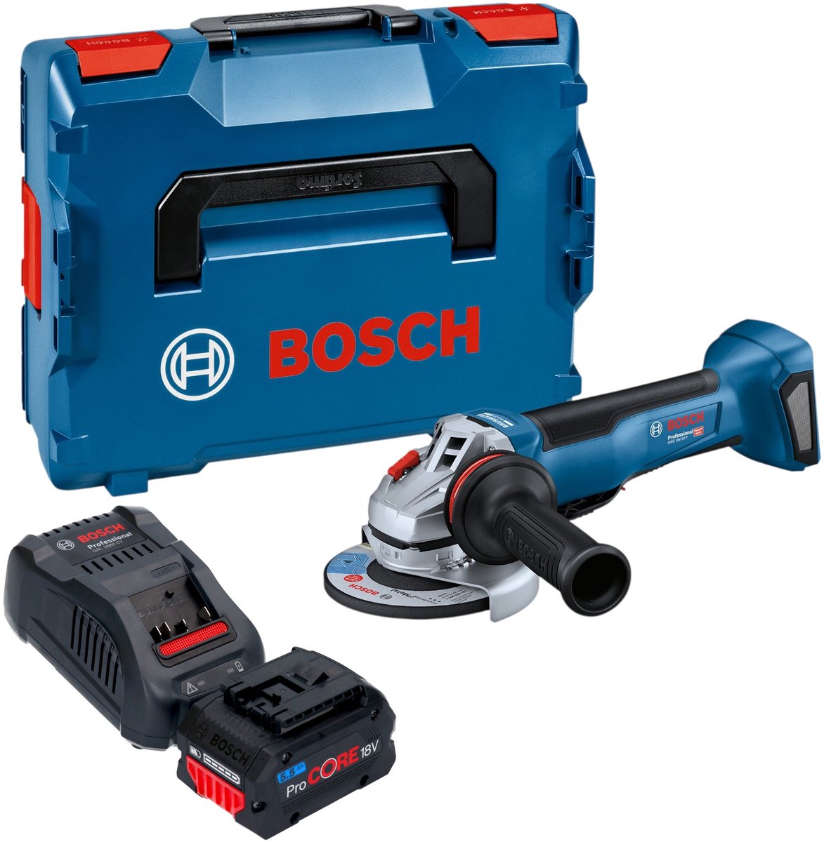 Bosch GWS 18V-10 P Professional accu-haakse slijper 18 V 125 mm borstelloos + 1x ProCORE-accu 5,5 Ah + oplader + L-Boxx