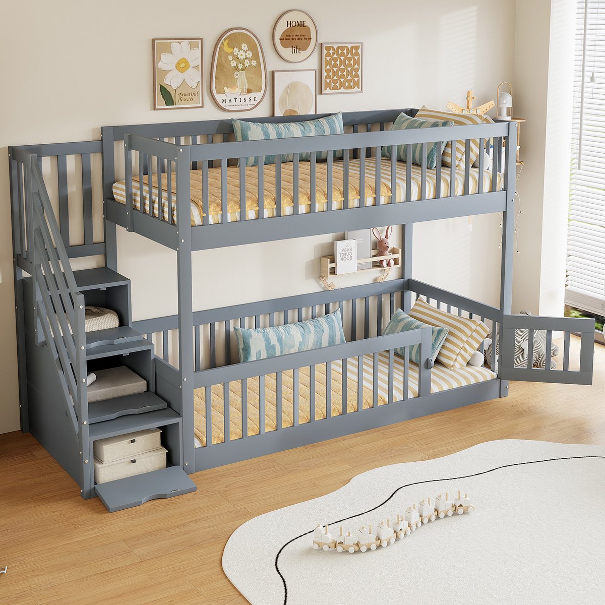 DESMIU Stapelbed 90x200 cm – Kinderbed Met Veiligheidstrap En Laden – Speel- En Slaapfunctie – Ruimtebesparend Voor Kinderkamer – Massief Hout – Grijs – Zonder Matras