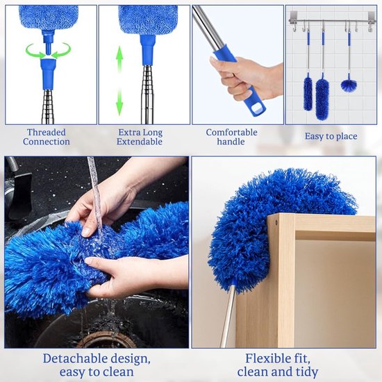 Plumeau Set - Stofwisser Telescoop - Hoge Plekken Schoonmaken - Uittrekbaar tot 250cm - 7 Stuks - Blauw — afbeelding 4